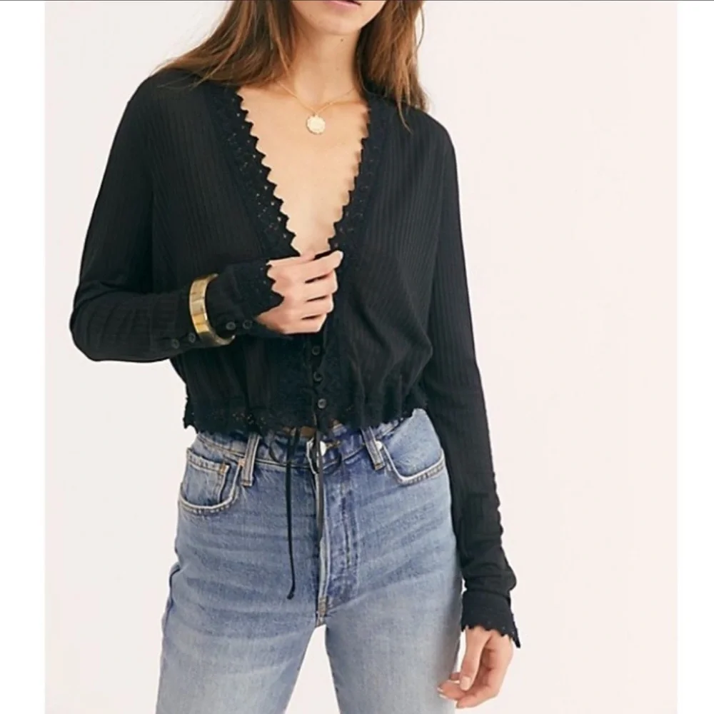Free People Third Date Top Crochet Button Tie XS